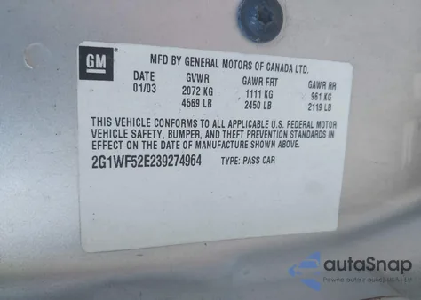 2003 Chevrolet Impala z USA, uszkodzony, nr VIN 2G1WF52E239274964